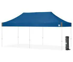 A blue canopy tent with white poles and black tarp.