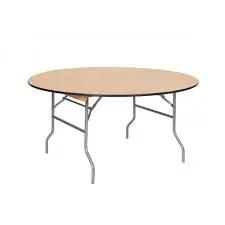 A round table with wooden top and metal legs.