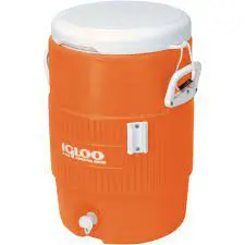 An orange cooler with a white lid and water spigot.