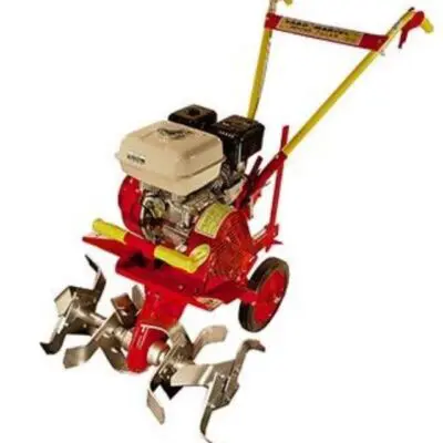 A red and yellow garden machine with two blades.