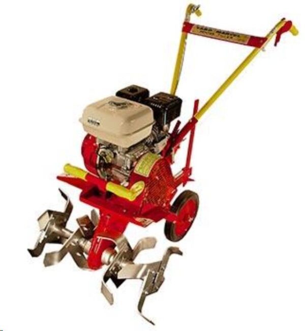 A red and yellow garden machine with two blades.
