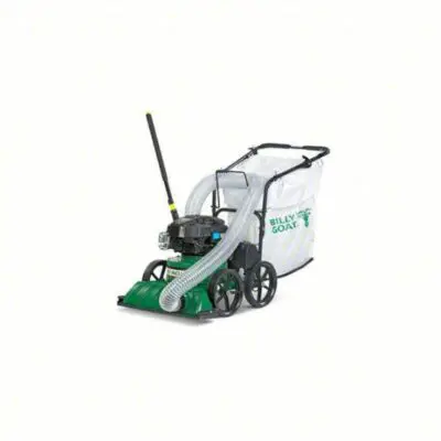 A white and green lawn mower with a cart.