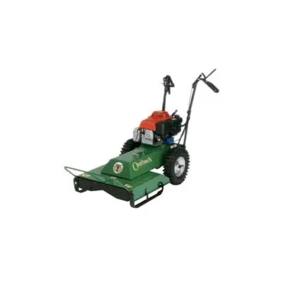 A green lawn mower with a red handle.
