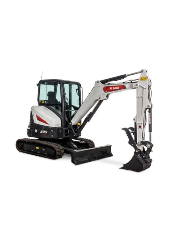 A white and black bobcat mini excavator with a bucket.