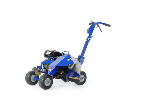 A blue and black lawn mower on white background