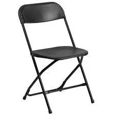 A black folding chair is shown in this picture.