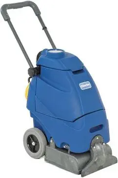 A blue carpet cleaner on wheels with the handle down.