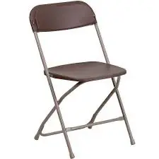 A brown folding chair with grey frame.