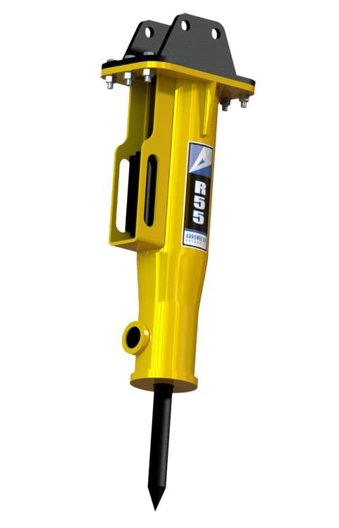 A yellow hydraulic hammer with a black handle.