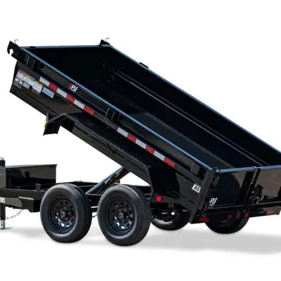 A dump trailer with the sides down and the back up.