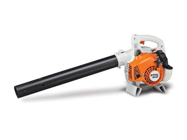 A leaf blower is shown with the handle extended.