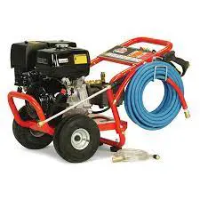 A picture of a pressure washer with the hose attached.