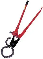 A pair of red pliers with chains attached to them.
