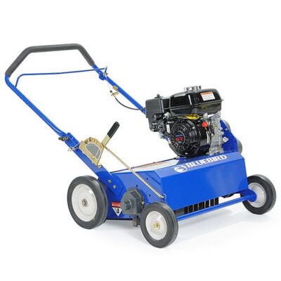 A blue lawn mower with a black engine.