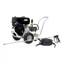 A pressure washer with a hose and a water gun.