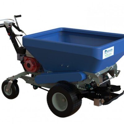 A blue cart with a red handle and wheels