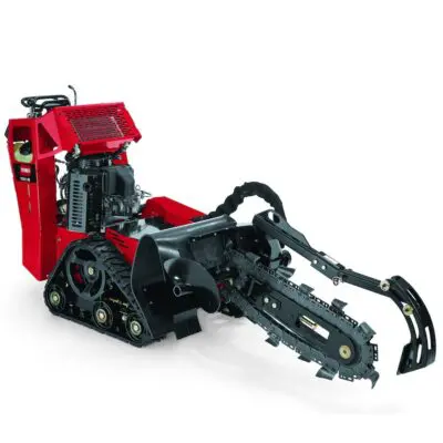 A red and black toy tractor with a chain saw attachment.