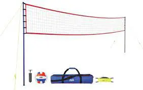 A volleyball net, ball and bag are shown.