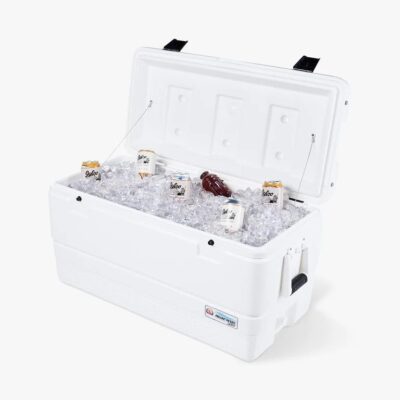 A large white cooler filled with ice and drinks.