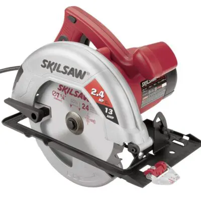 A circular saw with a red handle and a black blade.