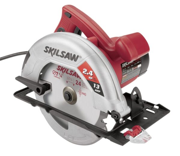 A circular saw with a red handle and a black blade.