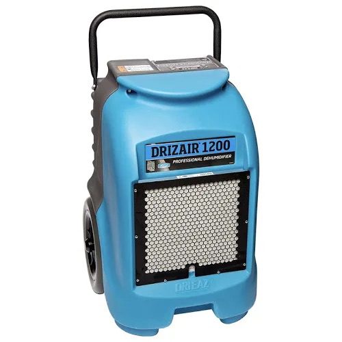 A blue and black portable heater on wheels
